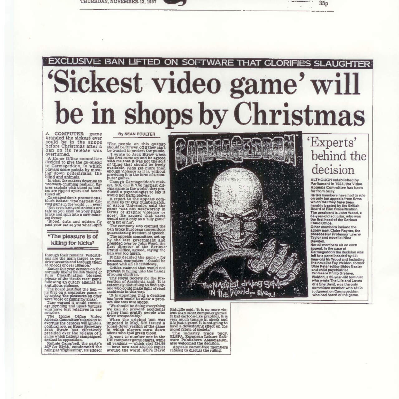 Image of a newspaper with the headline "Sickest video game" will be in shops by Christmas Image of a newspaper with the headline "Sickest video game" will be in shops by Christmas